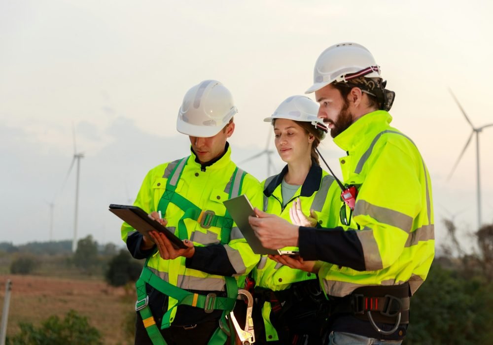 Engineer wearing safety uniform using tablet discussed plan about renewable energy